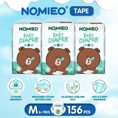 Nomieo Diapers M size Tape (x2 pack) (Category: Diapers & Baby Wipes) located in Singapore. Submitted by pestosauce (Listing ID 1374710980, Image 1). Description: Brand New x2 pack of M size tape rfs: my baby outgrow it alrdy.