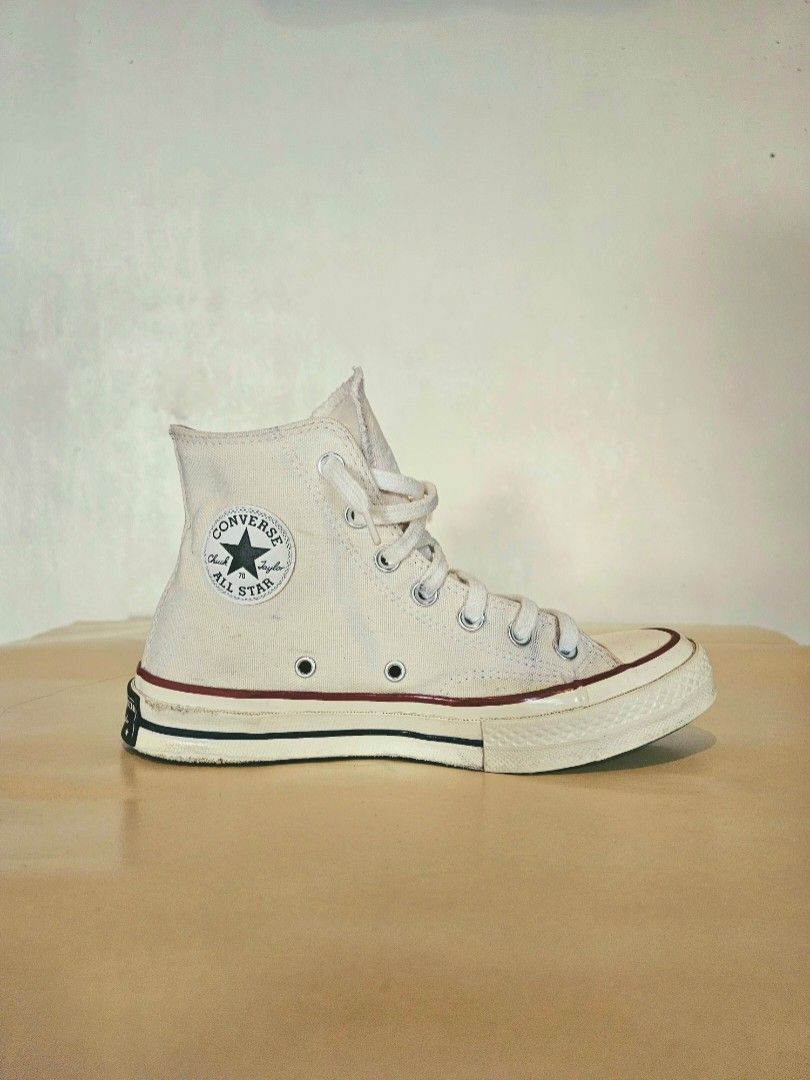 PARCHMENT Chuck 70 High (Category: Sneakers) located in Mandaluyong City. Submitted by open_stash (Listing ID 1374798586, Image 2). Description: 🔎 What you see is what you get Legit; Selling w/o box CHUCK 70 in Parchment Used but not abused Soles are in great condition Ideal for people who are going for a subtle grunge look. For size SEE TICKET in photos.