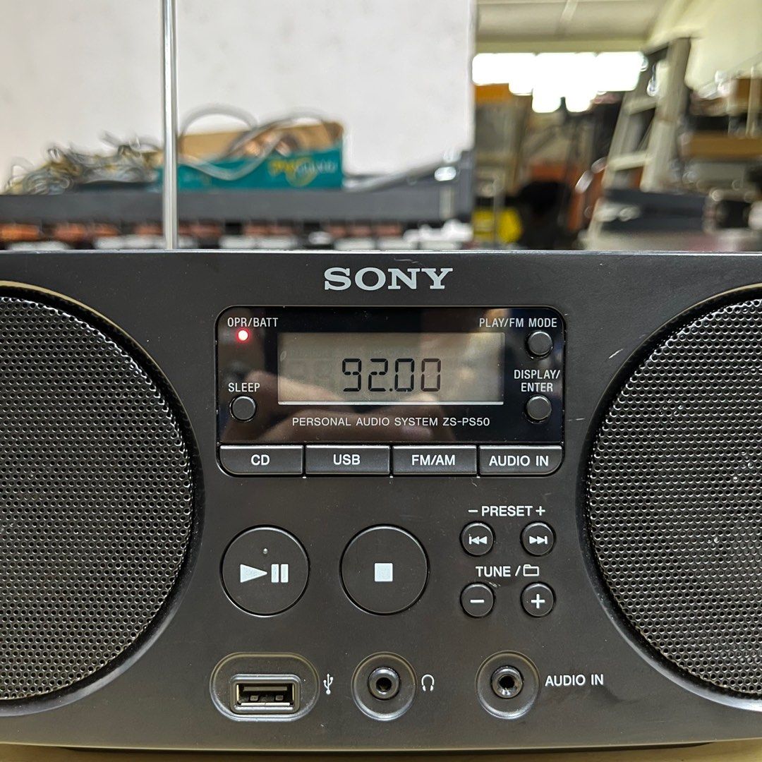 Sony ZS-PS50 Personal Audio System (Category: Portable Music Players) located in Singapore. Submitted by jmgjm.7 (Listing ID 1374780165, Image 2). Description: Item has been tested and is in excellent working condition. Supports CD, USB, FM/AM, & Audio In. Comes with complimentary power cable..