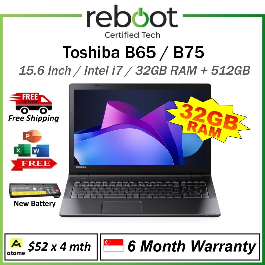 Toshiba 15.6 Inch Laptop (B65) - Intel i7 Processor + 32GB RAM - Up to 512GB SSD - Free MS Office + Free Windows 11 - Good Deal Now ! Like Ne Condition ! (Category: Laptops & Notebooks) located in Singapore. Submitted by buyatfuji (Listing ID 1374716447, Image 1). Description: Click here for more special deal !!!! https://www.carousell.sg/u/buyatfuji/ 👨‍🔧 FREE Additional 3 𝐌𝐨𝐧𝐭𝐡 𝐖𝐚𝐫𝐫𝐚𝐧𝐭𝐲 !! First 10 set only !!! 🎀𝐓𝐨𝐬𝐡𝐢𝐛𝐚 𝐁