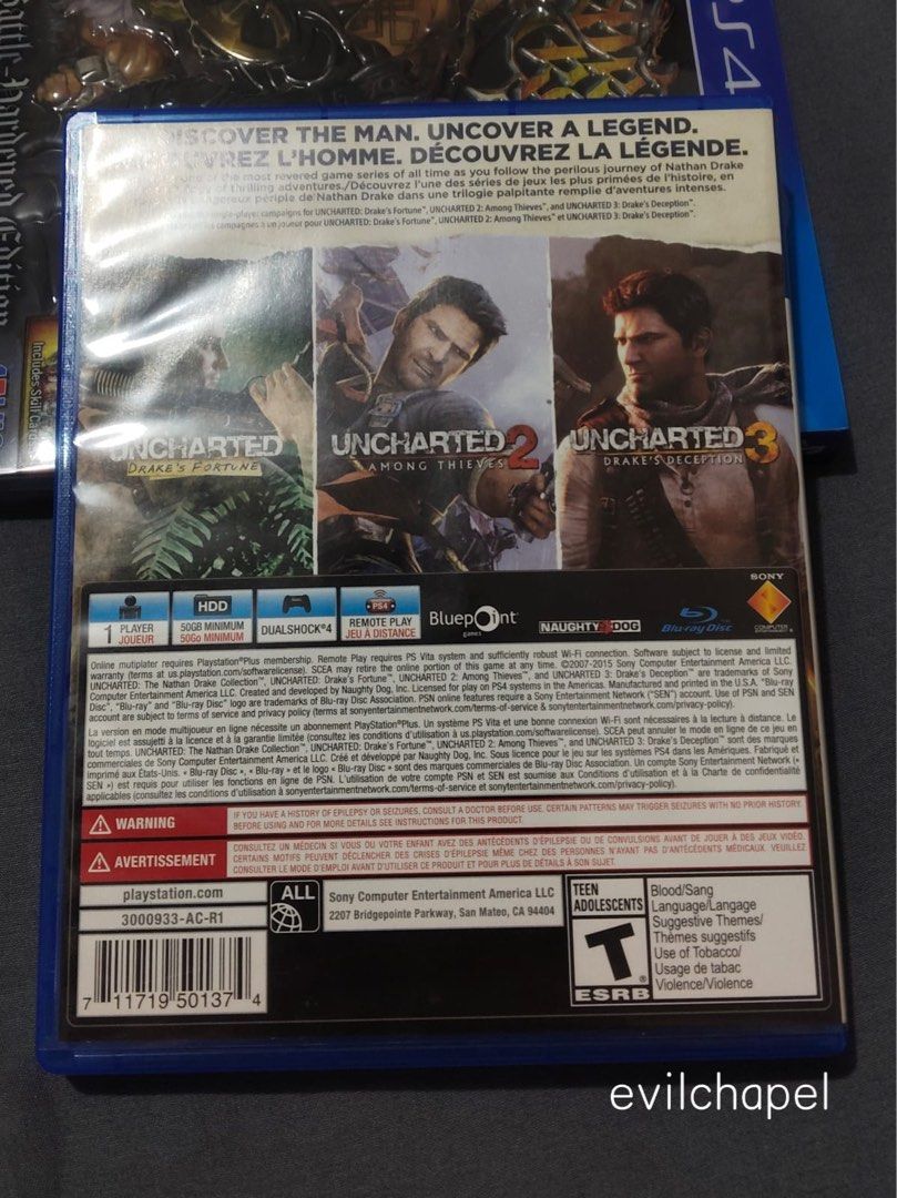 Uncharted: Nathan Drake Collection PS4 R1 Complete (Category: PlayStation) located in Mandaluyong City. Submitted by evilchapel (Listing ID 1374806616, Image 3). Description: FS: Uncharted: Nathan Drake Collection PS4 R1 Complete Payment: Bank Transfer, GCash Meetups: Shangri La, Starmall, Megamall (morning only).
