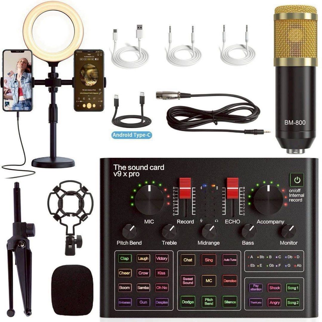 由 shopwise_7. (刊登 ID 1374875923，圖片 1) 提交，位於 新北市 (New Taipei) 的 V9xpro Sound Card + BM-800 condenser microphone + LED ring light for live streaming (類別：麥克風)，說明：V9xpro Sound Card + BM-800 condenser microphone + LED ring light for live streaming 100% actual photos of our customer’s order This is a professional-grade all-in-one streaming and recording kit designed for content creators, podcasters, gamers, and vocal artists. It provides everything you