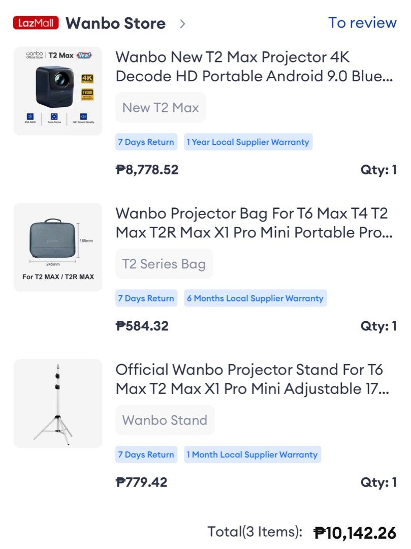 Wanbo New T2 Max Projector 4K (Category: Projectors) located in San Jose del Monte. Submitted by pot_pot28 (Listing ID 1374715618, Image 3). Description: Wanbo New T2 Max Projector 4K What is included? 1. Wanbo New T2 Max Projector 4K 2. Projector bag 3. Tripod stand Add 1k for Google Chromecast for Google TV.