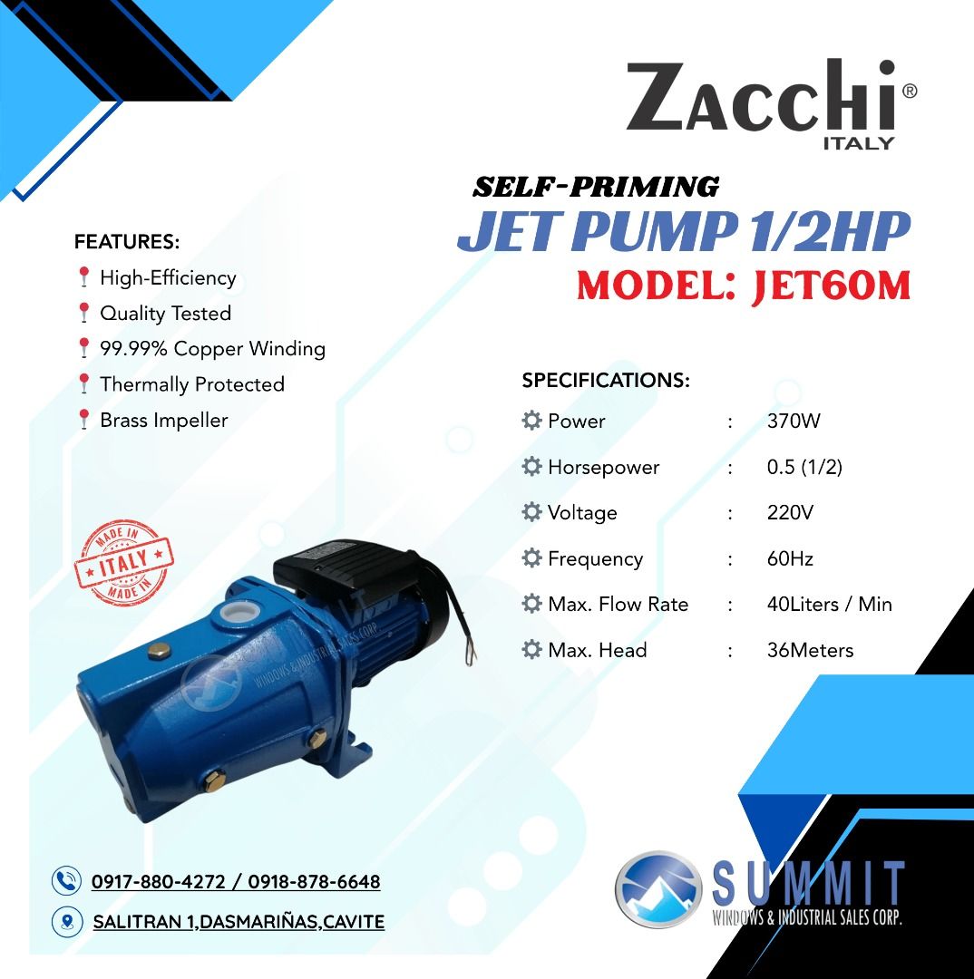 ZACCHI Self-Priming Jet Pump 1/2HP (Category: Construction & Building Materials) located in Dasmarinas. Submitted by summit_windows (Listing ID 1374716691, Image 2). Description: JET60M ⚙️ Power : 370W ⚙️ HP : 0.5 (1/2) ⚙️ Voltage/Frequency : 220V/60Hz ⚙️ Max. Flow Rate : 40Liters / Min ⚙️ Max. Head: 36Meters Get your TOOLS from Powertool Portal of South Luzon Feel free to drop by our shop at Dasmarinas, Cavite Call/Message us so we can find the 