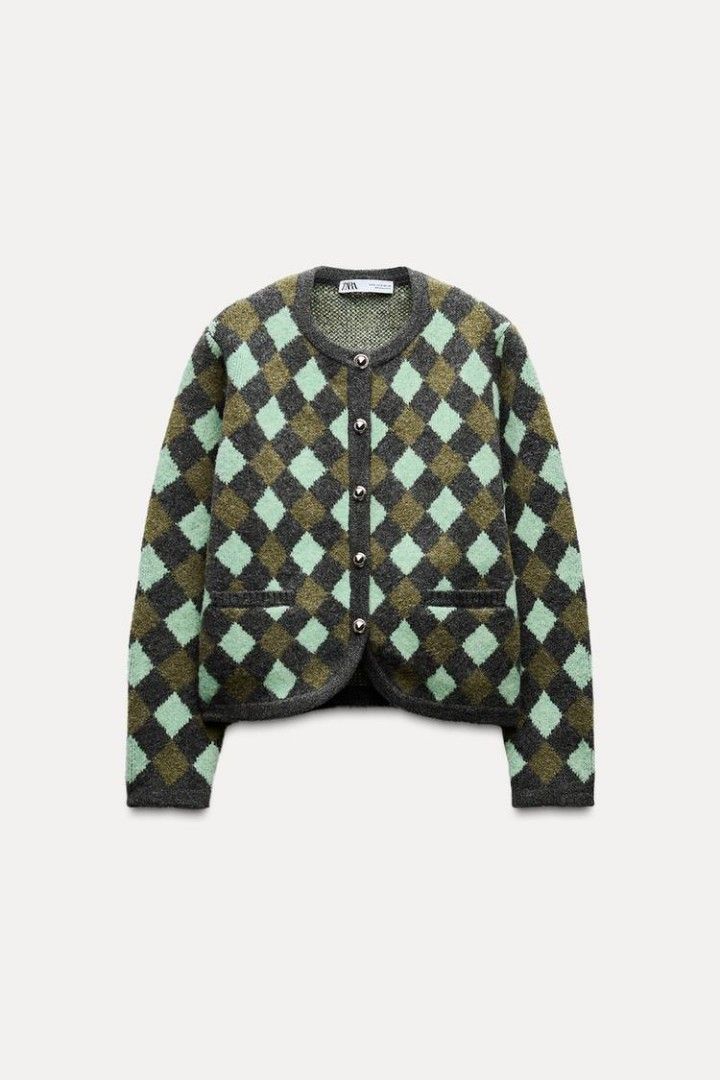 Zara Knit Jacquard Diamond Cardigan green, Fesyen Wanita, Pakaian - Main Image