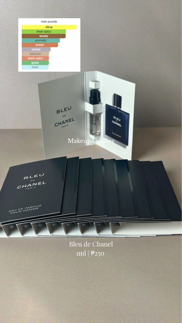 Bleu De Chanel Sample Vial (Category: Fragrance & Deodorants) located in Manila. Submitted by makeupcurates (Listing ID 1374945171, Image 1). Description: Vial sample 1ML .