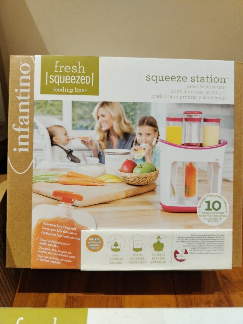 Infantino Fresh Squeezed Squeeze Station, Reusable squeeze pouch, fridge & freezer sleeve (Category: Weaning & Toddler Feeding) located in Singapore. Submitted by purpurw (Listing ID 1375050051, Image 2). Description: Make your own healthy purees and store them easily. Perfect for preparing baby food. Infantino Fresh Squeezed Squeeze Station, includes 10 single use pouches - Qty avail 2 - $30 each Infantino reusable squeeze pouches - Qty avail 1 