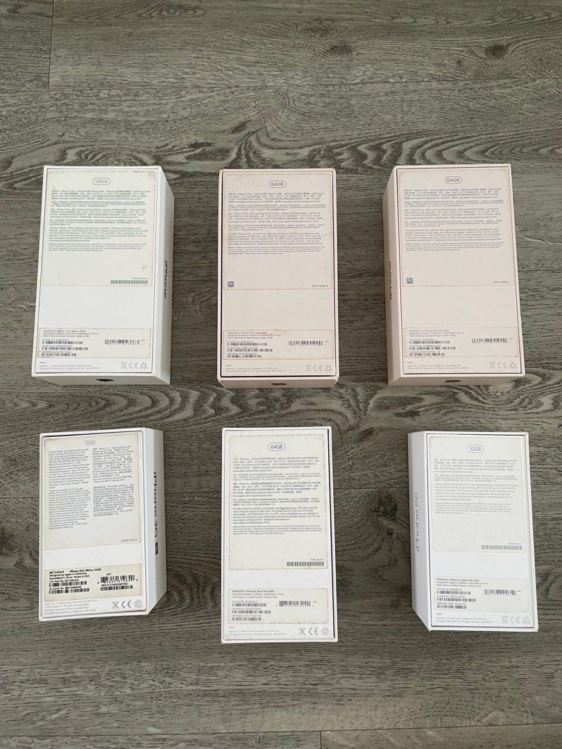 iPhone boxes (Category: Other Mobile & Gadget Accessories) located in Singapore. Submitted by joycaio (Listing ID 1374908282, Image 3). Description: iPhone 7 Plus iPhone 8 Plus (2) iPhone 3GS iPhone 6S iPhone SE.