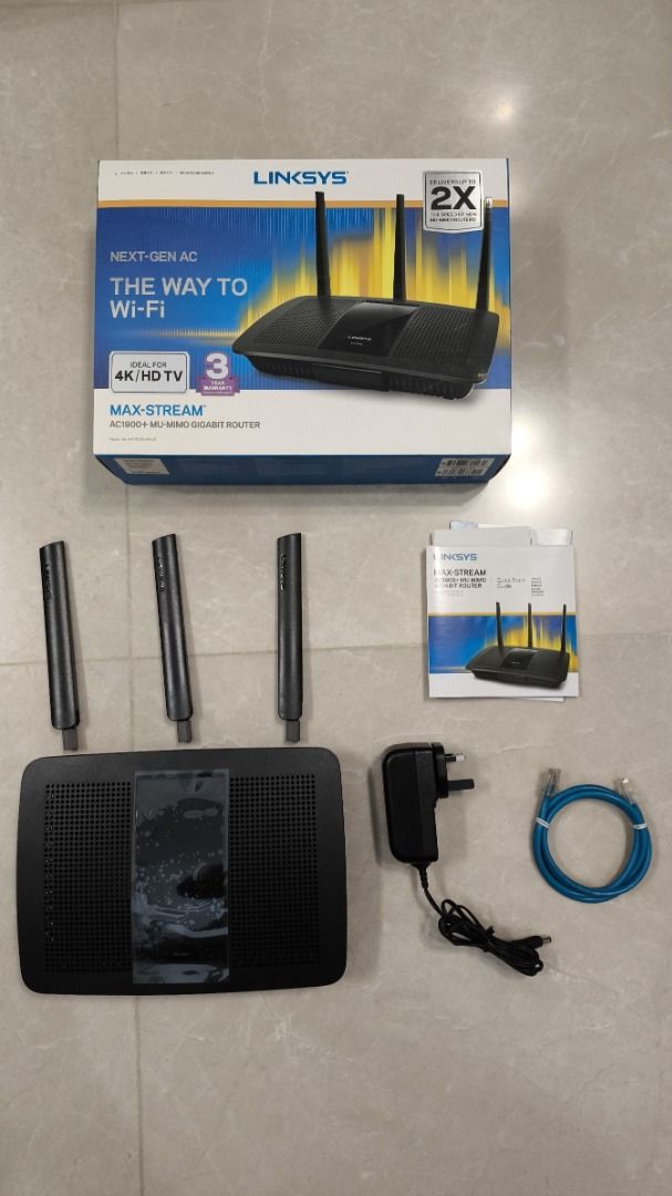 Linksys Dual Band MU-MIMO Wifi Router A7500-AH v2 (Category: Networking) located in Singapore. Submitted by jason_carousel (Listing ID 1375004946, Image 1). Description: Included: 1. EA7500-AH v2 router + 3 detachable antennas 2. Power adapter 3. Ethernet cable 4. User manual 5. Original box Features: - Dual Band (2.4GHz, 5GHz) for wireless connections - Supports MU-MIMO and beamforming - Dual-core processor for low latency data transfers - Multi