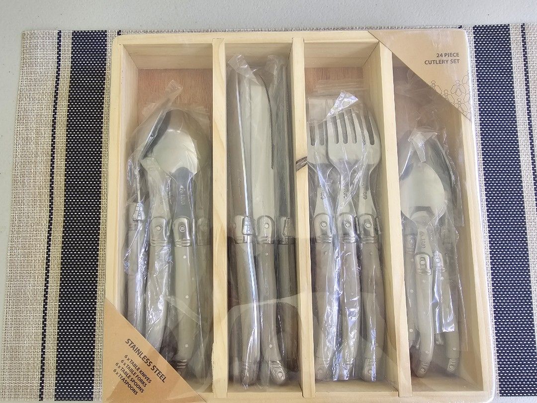 Lou Laguiole 24-pc cutlery set (Category: Dinnerware & Cutlery) located in Antipolo. Submitted by gomed (Listing ID 1374907588, Image 1). Description: Lou Laguiole 24-piece Cutlery Set Greige color Stainless Steel 6 x table knives 6 x table forks 6 x table spoons 6 x teaspoons.