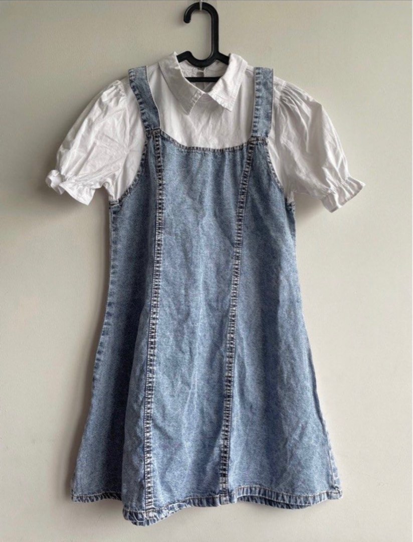 NEW denim dress jeans wanita kombinasi putih, Fesyen Wanita
