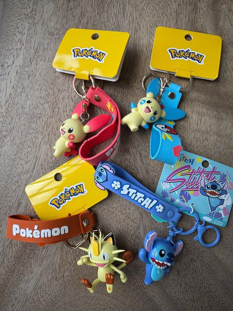 Pokémon Keychains (Category: Character Goods) located in Singapore. Submitted by sophie-ll (Listing ID 1374949265, Image 1). Description: Pokémon Keychains, selling as a group of 4. Brand new with tag. One of them is lilo and stitch keychain. .