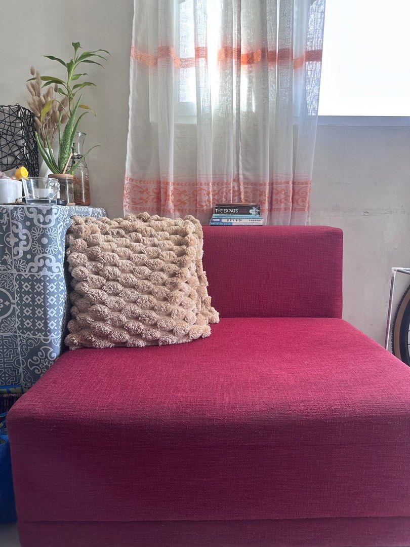 Red sofa/ couch (Category: Sofas) located in Makati City. Submitted by wellovedthrift (Listing ID 1374963021, Image 3). Description: Sofa in very good condition with 2 throw pillows for free RFS: need smaller sofa sa bagong nilipatan.