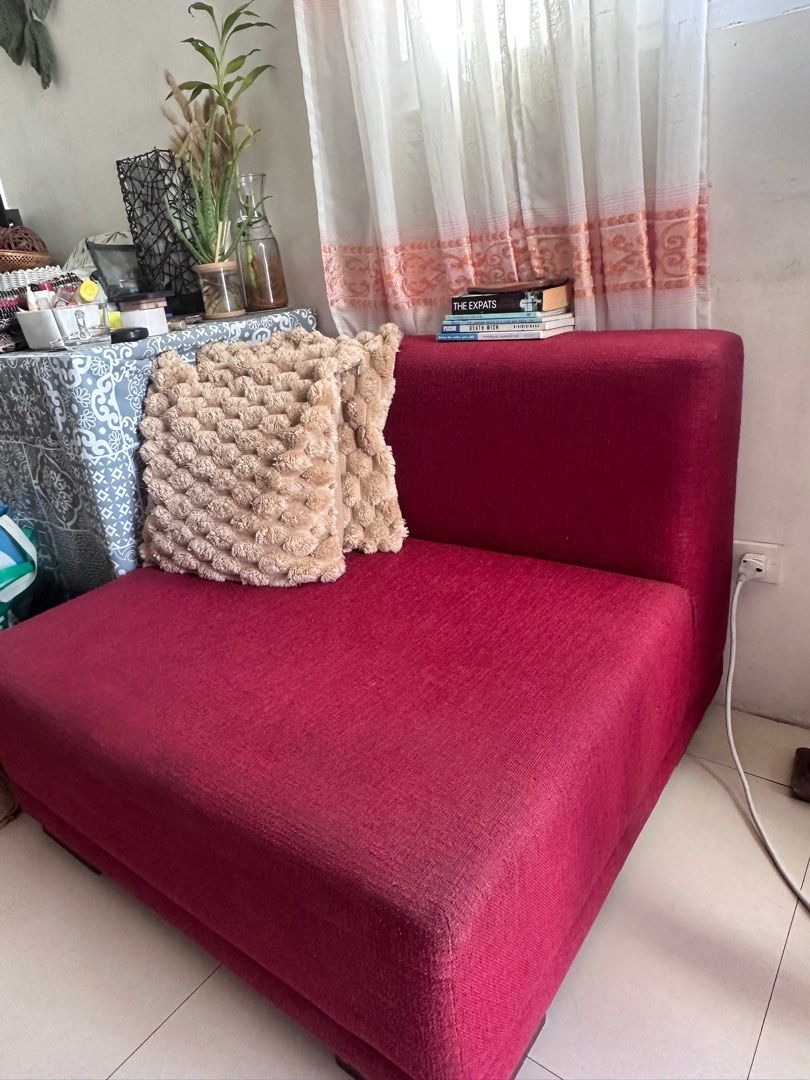 Red sofa/ couch (Category: Sofas) located in Makati City. Submitted by wellovedthrift (Listing ID 1374963021, Image 2). Description: Sofa in very good condition with 2 throw pillows for free RFS: need smaller sofa sa bagong nilipatan.