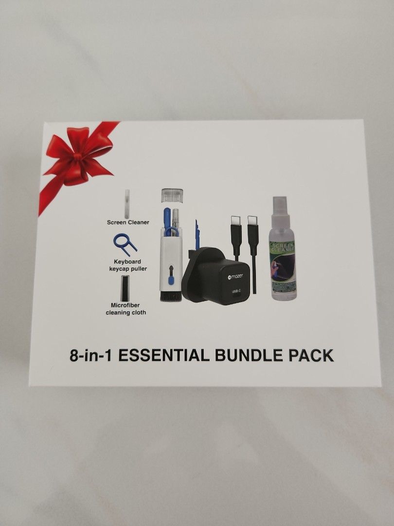Tech bundle pack (Category: Other Mobile & Gadget Accessories) located in Singapore. Submitted by clrnc95 (Listing ID 1374890534, Image 1). Description: Items: Gan PD30W Charger Screen cleaner + brush kit (keyboard keycap puller, microfiber cloth) USB-C 1M PD65W Cable 60ml screen cleaner All items unused. Box opened only to verify contents.