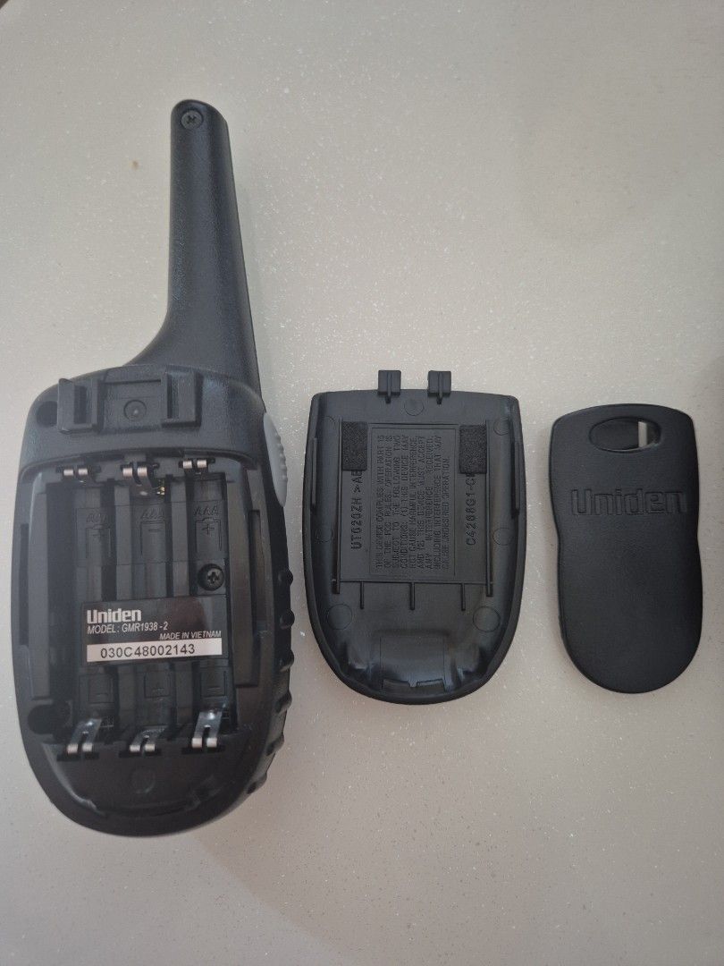 Uniden Model: GMR1938-2 (Category: Walkie-Talkie) located in Singapore. Submitted by epinkys16 (Listing ID 1374969588, Image 3). Description: Uniden GMR1938-2 two-way radio has a range of up to 19 kilometers (approximately 11.8 miles). However, the actual range can vary depending on terrain and environmental conditions. In urban areas, the range is typically shorter due to obstructions like buildings and trees. The range may be extended in flat, 