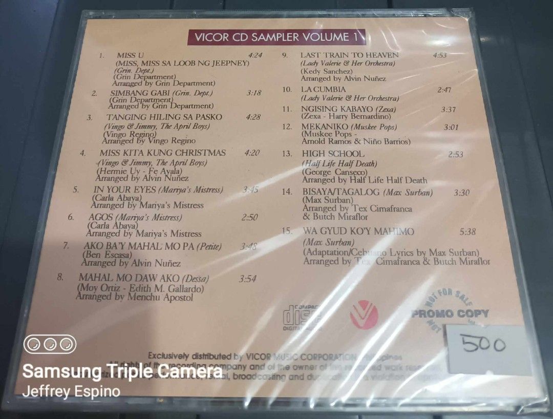 Vicor CD Sampler Volume 1 opm (Category: CDs & DVDs) located in Quezon City. Submitted by jeffreyespino (Listing ID 1375010219, Image 1). Description: All original CD We accept cash, GCash / Maya 09152688298, 09989968742, BPI, BDO, LBC, Cebuana Lhuiler, MLhuiler and Palawan Express payments. For faster transaction sms us thru 09989968742 Deliver / pick up thru Grab, Lalamove, Borzo, Toktok etc. Shipping via JRS Express or LBC (delivery or shippin