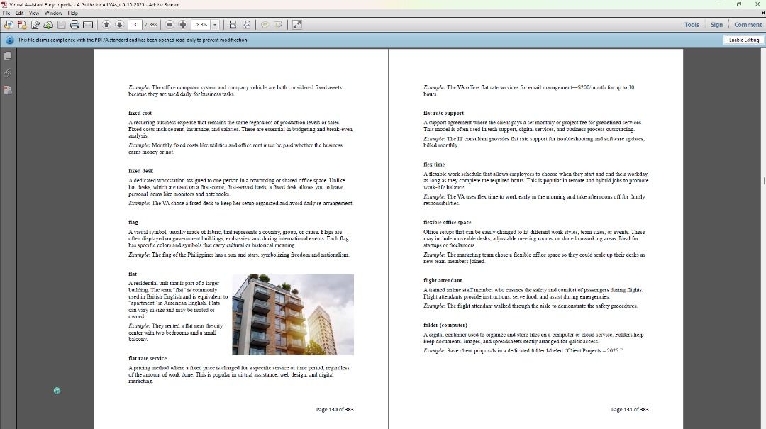 Virtual Assistant Encyclopedia: A Guide for All VAs_v.6-15-2025 (Category: Textbooks) located in Orion. Submitted by carlacarmi40804 (Listing ID 1374979147, Image 2). Description: Virtual Assistant Encyclopedia: A Guide for All VAs is your ultimate reference for the language, tools, and tasks every VA needs to know. Whether you're just starting out or you're a seasoned professional, this encyclopedia helps you understand client instructions, soft