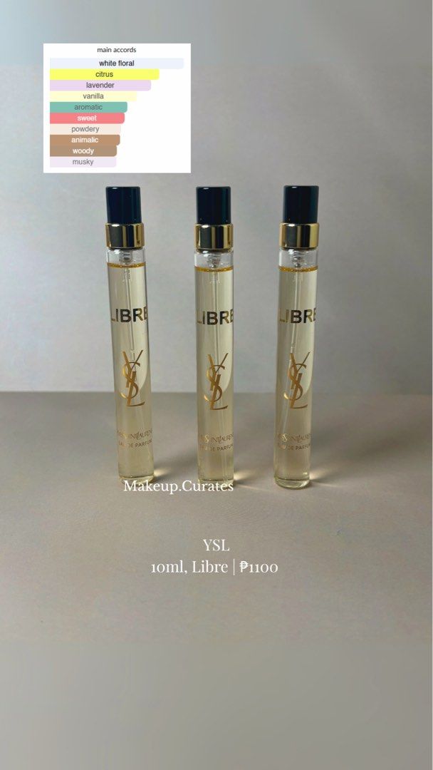 YSL Libre (Category: Fragrance & Deodorants) located in Manila. Submitted by makeupcurates (Listing ID 1375013732, Image 1). Description: YSL Libre 10ml travel size Guaranteed Authentic Lowest price already Available on hand and ready to ship.