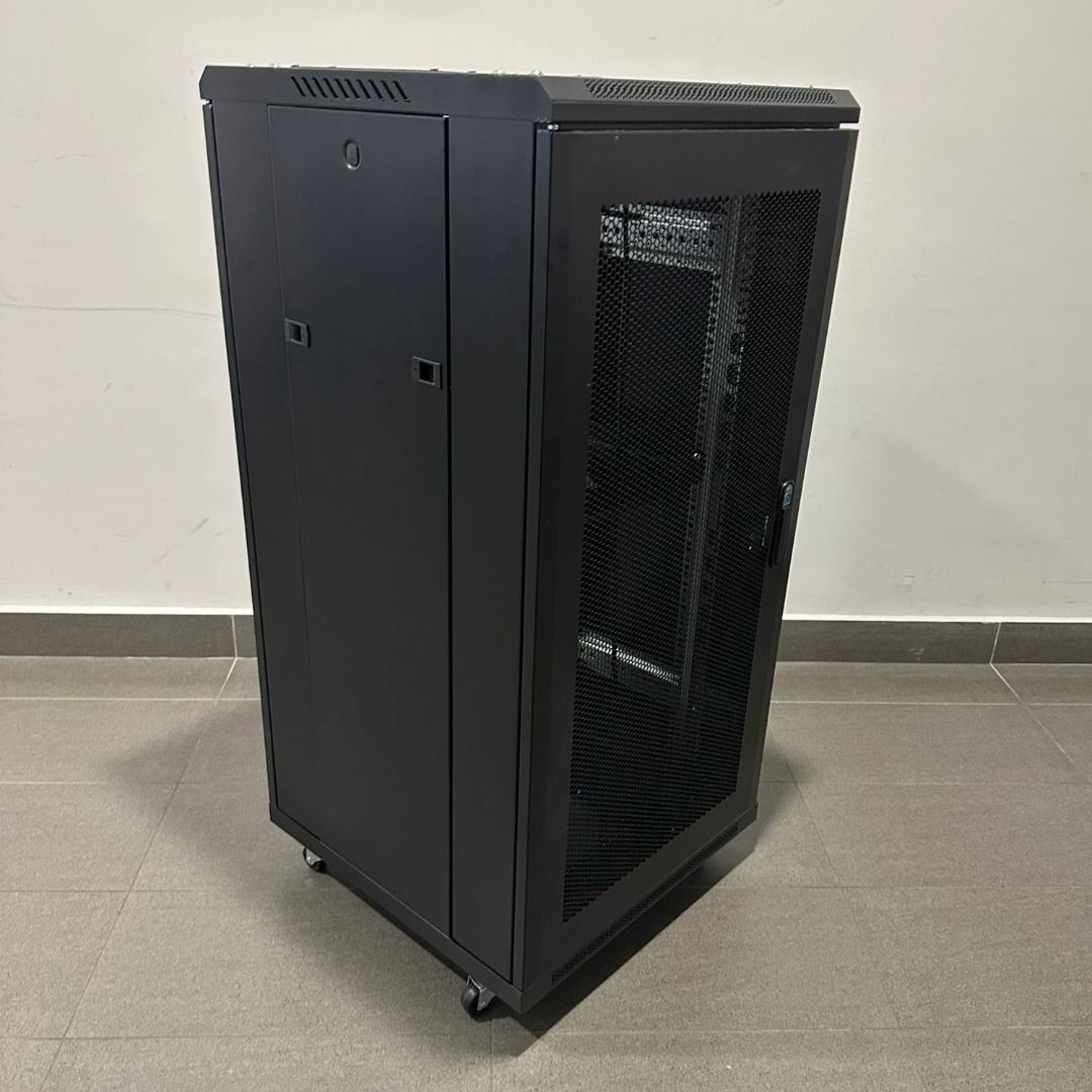22U SPEEDSMOUNT Server AV Mobile Rack Locking honey-comb Door(Cam lock),Removable Side Panels (Category: Other Accessories) located in Singapore. Submitted by tvmountsg.com (Listing ID 1375193571, Image 3). Description: 22U:Steel 1.0mm, pole 1.8mm/Metal mesh front door/back door Size1:120x60x45 cm(H xW xD),126cm with wheels SGD359. Size2:120x60x60 cm(H xW xD),126cm with wheels SGD399. Delivery add $30 for above 2 sizes Size 3:120x60x80cm(H xW xD)