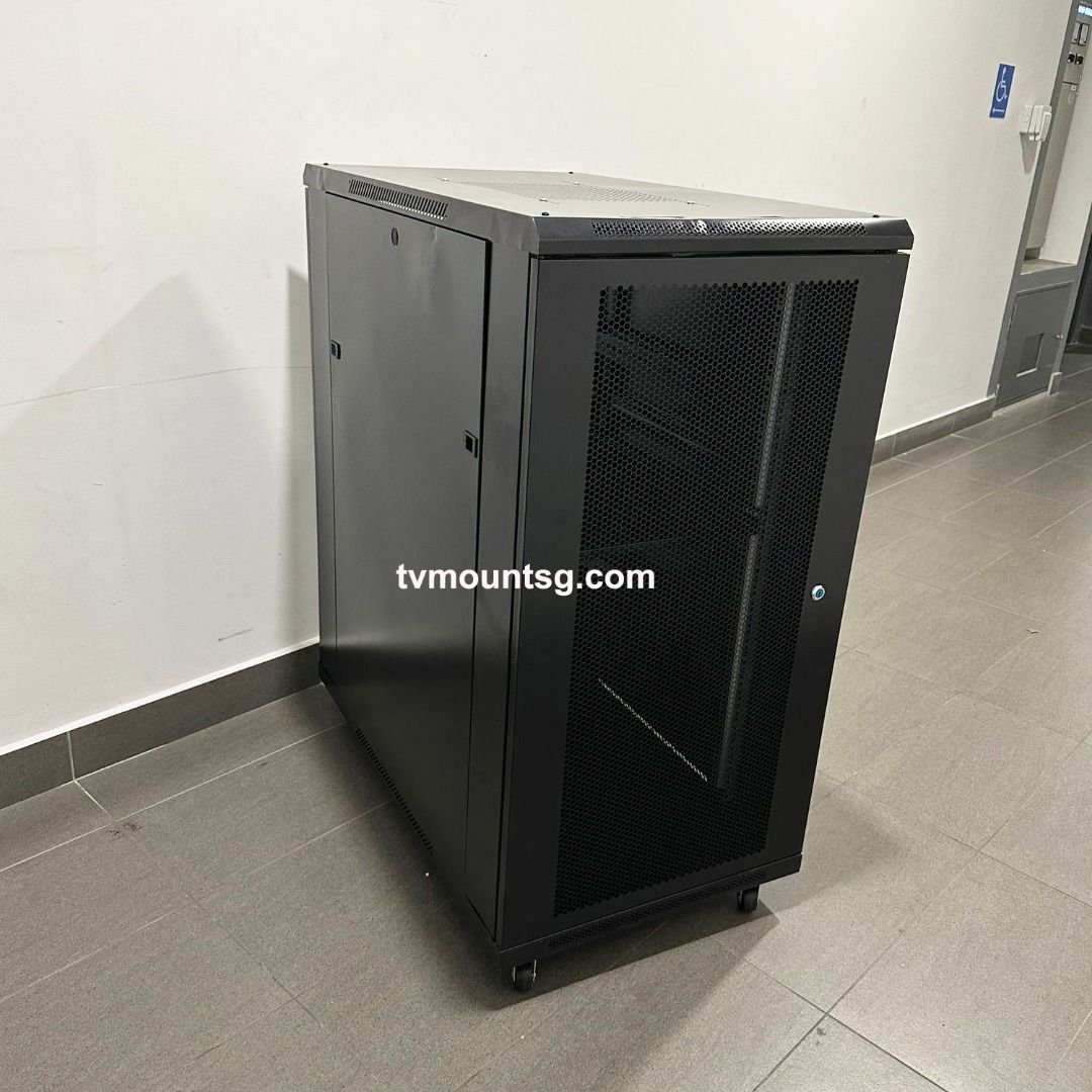 22U SPEEDSMOUNT Server AV Mobile Rack Locking honey-comb Door(Cam lock),Removable Side Panels (Category: Other Accessories) located in Singapore. Submitted by tvmountsg.com (Listing ID 1375193571, Image 2). Description: 22U:Steel 1.0mm, pole 1.8mm/Metal mesh front door/back door Size1:120x60x45 cm(H xW xD),126cm with wheels SGD359. Size2:120x60x60 cm(H xW xD),126cm with wheels SGD399. Delivery add $30 for above 2 sizes Size 3:120x60x80cm(H xW xD)