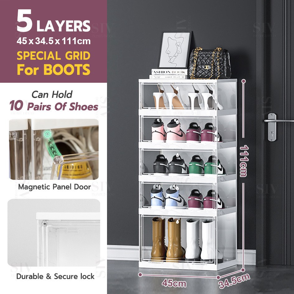 Moveable Shoe Rack 5 Layers White Foldable & Movable Shoe Rack with Special Grid for Boots ...
