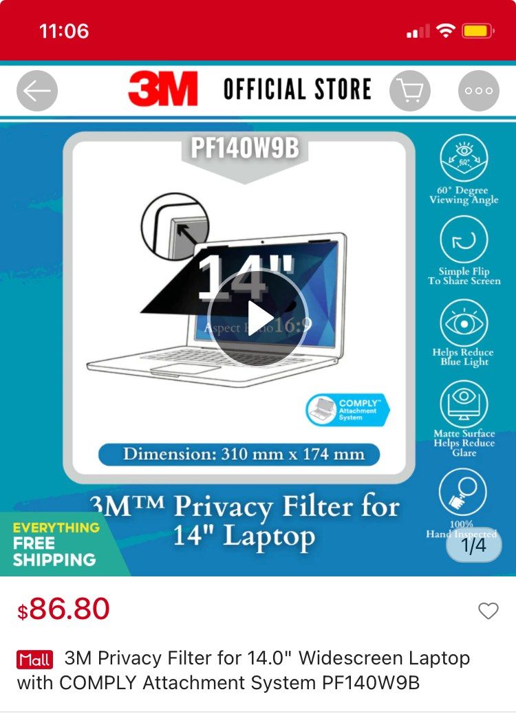 Authentic 3M™ Privacy Filter for 14in Laptop, 16:9, PF140W9B63073563585921113
