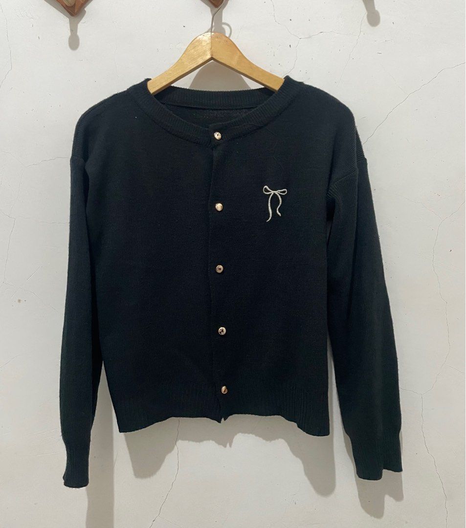 Black Cardigan top knitt cardigan rajut semi croptop ribbon