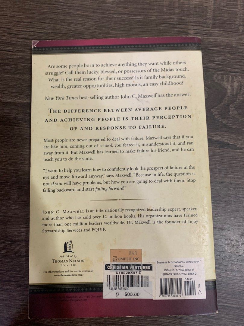 Failing forward - John maxwell (Category: Religion Books) located in Davao. Submitted by libraryofaliterarystudent (Listing ID 1375272608, Image 2). Description: P70 excluding sf.