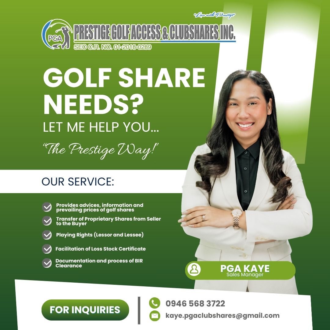GOLF SHARES NEEDS - PGA (Category: Golf) located in Muntinlupa City. Submitted by kaye.pgaclubshares (Listing ID 1375082118, Image 1). Description: Hi! GOLFERS & INVESTORS 📈⛳️ Are you planning to BUY, SELL or LEASE a golf and country club share? Let me help you! I'd be glad to assist you, the prestige way!.