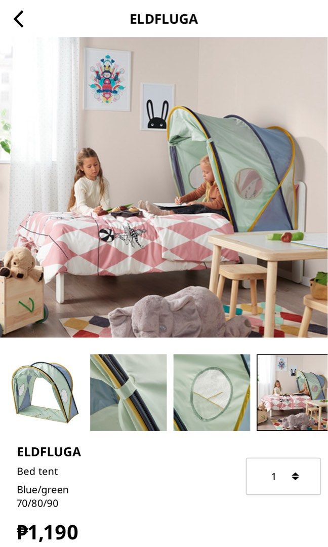 IKEA ELDFLUGA CHILDREN's TENT (Category: Children's Beds) located in Quezon City. Submitted by kdp_2021 (Listing ID 1375239864, Image 2). Description: Like new Children's tent Bought from Ikea MOA last year Lightly used Outgrown by toddler .