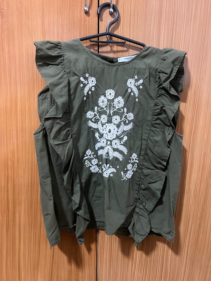 Mango Embroidered Ruffled Top (Category: Blouses) located in Baguio. Submitted by xentrep (Listing ID 1375233555, Image 1). Description: Authentic No issues Used 2-3x only Size M but would fit S nicely too SF to be shouldered by the buyer ₱80 .