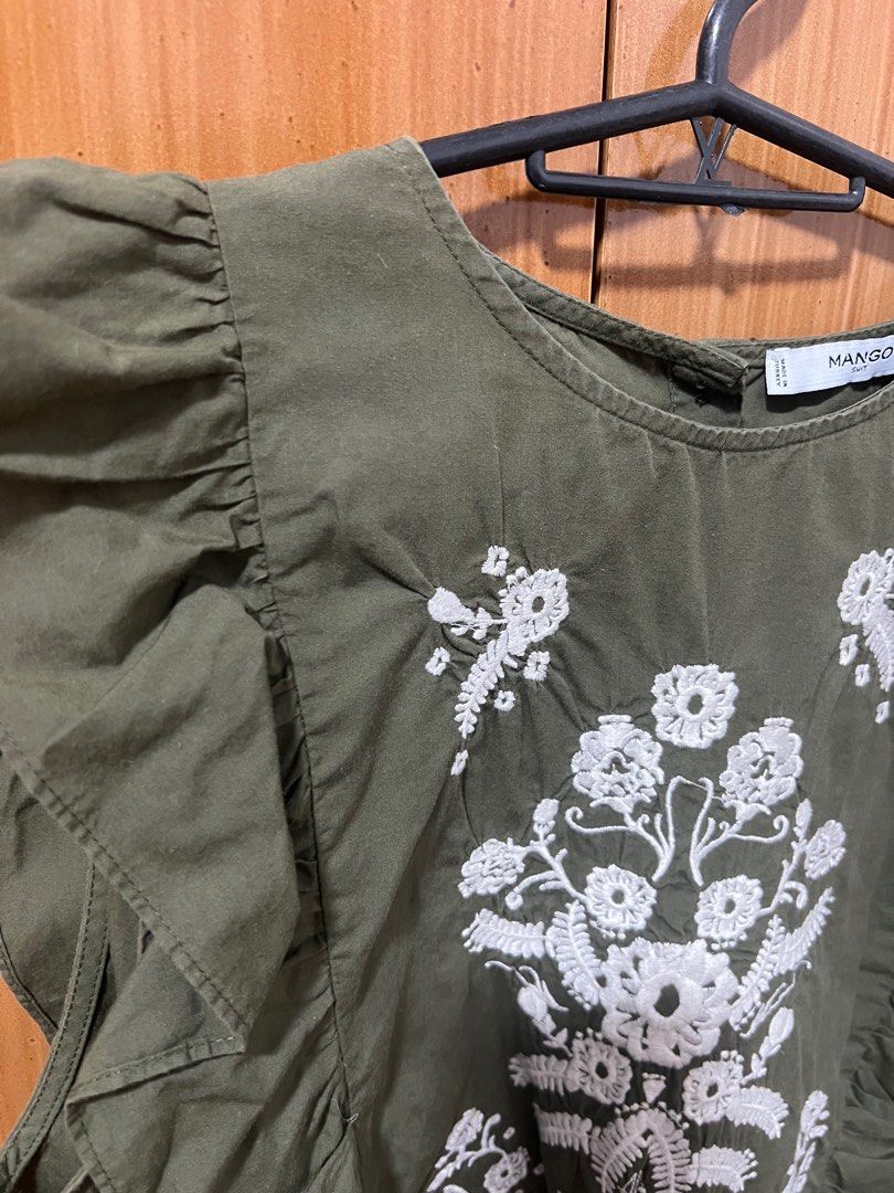 Mango Embroidered Ruffled Top (Category: Blouses) located in Baguio. Submitted by xentrep (Listing ID 1375233555, Image 2). Description: Authentic No issues Used 2-3x only Size M but would fit S nicely too SF to be shouldered by the buyer ₱80 .