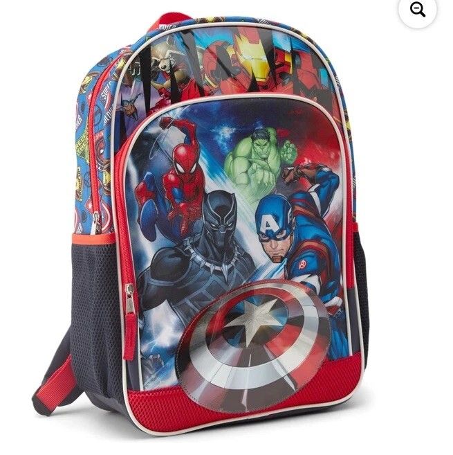 Marvel Universe Avengers Boy's 17" Backpack, Blue (Category: Backpacks) located in Compostela. Submitted by usitems (Listing ID 1375254560, Image 3). Description: This Marvel Universe Avengers backpack is the perfect accessory for any young fan. With a blue and red color scheme and University theme, it's both stylish and practical. The bag measures 17 inches in height, 12 inches in width, and 5 inches in depth, making it a great option for boys. 