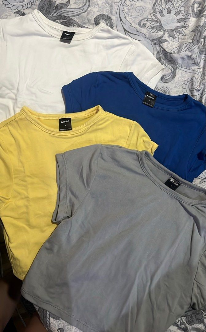 mera crop top bundle (Category: Others Tops) located in Quezon City. Submitted by buymyclothessss (Listing ID 1375155903, Image 2). Description: - white, blue, yellow : size S - gray : size L - rfs : declutterring - worn once or twice lang MOP - gcash MOD - lalamove - ggx.