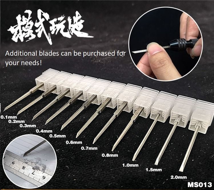 Panel Line Scriber Knife Tool Set - for Gundam & Plastic Models Panel Line Deepening/Carving 0.1 0.2 0.3 mm (Category: Gundam Model Kits) located in Singapore. Submitted by gunpla (Listing ID 1375227150, Image 3). Description: Panel line scriber knife set. Very good for starting out panel line scribing! Material: Stainless Tungsten Carbon Steel Each set (ready stock) contains: 1 X Grip Holder 1 X Blade Protection Cover 1 X Allen Key 5 X Scribing 