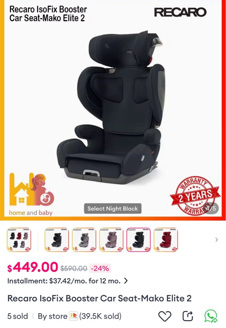 Recaro IsoFix Booster Car Seat-Mako Elite 2 (Category: Car Seats) located in Singapore. Submitted by stephdarr (Listing ID 1375143106, Image 3). Description: Recaro IsoFix Booster Car Seat-Mako Elite 2 As good as new.