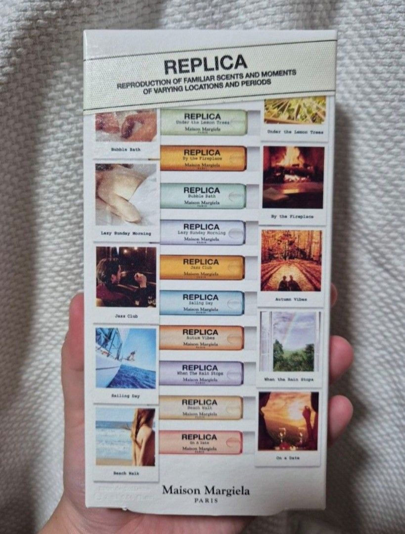 Replica memory box (Category: Fragrance & Deodorants) located in Singapore. Submitted by luvvjw (Listing ID 1375142213, Image 1). Description: This Eau de toilette set contains: An Eau de Toilette LAZY SUNDAY MORNING 2ml An Eau de Toilette JAZZ CLUB 2ml An Eau de Toilette BEACH WALK 2ml An Eau de Toilette SAILING DAY 2ml An Eau de Toilette AUTUMN VIBES 2ml - An Eau de Toilette COFFEE BREAK 2ml An Eau de Toilette BY THE FIREPLACE 2ml - An Eau de T