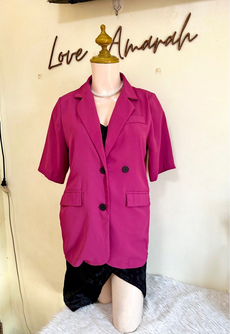 Short Sleeve Blazer Magenta color (Category: Coats, Jackets and Outerwear) located in Taguig. Submitted by clp26 (Listing ID 1375163347, Image 2). Description: PB-014-LXL Size - L to XL Bust - 38-40” Shoulder - 15” Arm Hole - 20” Length - 28” Shoulder pads, 2 pockets.