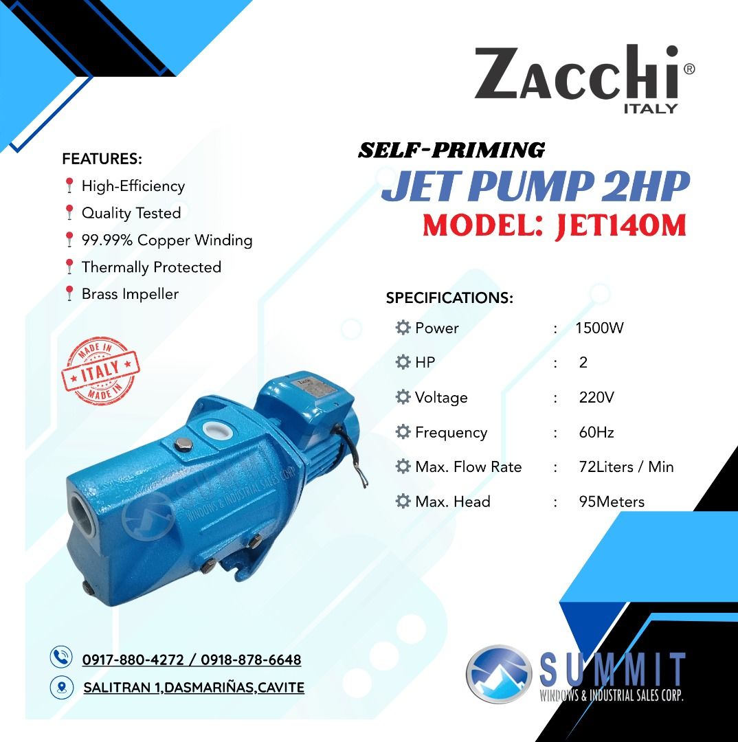 Zacchi Self-Priming Jet Pump 2HP [JET 140M] (Category: Home Improvement Tools & Accessories) located in Dasmarinas. Submitted by summit_windows (Listing ID 1375093001, Image 2). Description: MODEL : JET140M ⚙️ Power : 1500W ⚙️ HP : 2 ⚙️ Voltage/Frequency : 220V/60Hz ⚙️ Max. Flow Rate : 72Liters / Min ⚙️ Max. Head: 95Meters Get your TOOLS from Powertool Portal of South Luzon Feel free to drop by our shop at Dasmarinas, Cavite Call/Message us so we