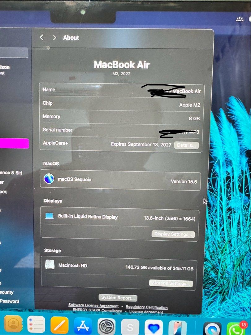 13-inch MacBook Air with M2 chip - Midnight (Category: Laptops & Notebooks) located in Singapore. Submitted by jj300321 (Listing ID 1375383742, Image 3). Description: Good as new. No dents and scratches 9 months old Hardly use as I have company laptop. Would like to switch to ipad instead. With apple care+ worth $269 valid until sept 2027 Battery still 100% With box bag and charger I can provide digital receipt.