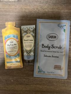 [每款$5-16] sabon 試用裝 Silky Body Milk Mimosa Tea 含羞草絲滑身體乳 Hand Cream Delicate Jasmine 苿莉味手霜 Body Scrub delicate Jasmine 嬌貴茉莉死海鹽淨化修護身體磨砂64242312148098110