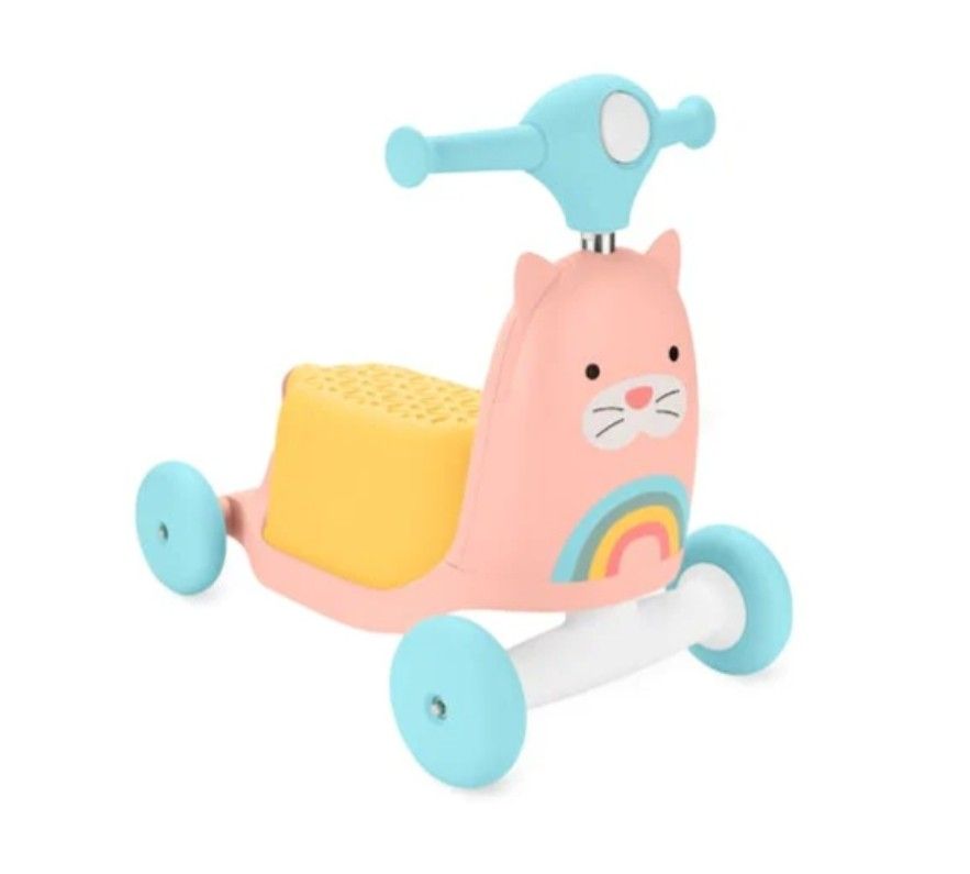BNIB Skip Hop Zoo Ride On 3 in 1 Scooter - Cat (Category: Infant Playtime) located in Singapore. Submitted by bearlovestoeat (Listing ID 1375440746, Image 1). Description: brand new in box and bubble wrapped (see 2nd pic) Ages 12m+ (1-4yrs) Three ways to play: walk, ride and scoot Grow-with-me features encourage motor skills development, balance and coordination Stage 1: Walker/wagon mode captivates early walkers when learning to walk and allows 