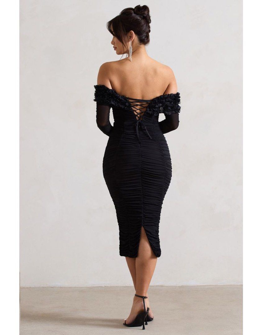 black mesh ruched bardot midi dress Black MissPap Premium Mesh Ruched Bardot Sculpting Midi Dress