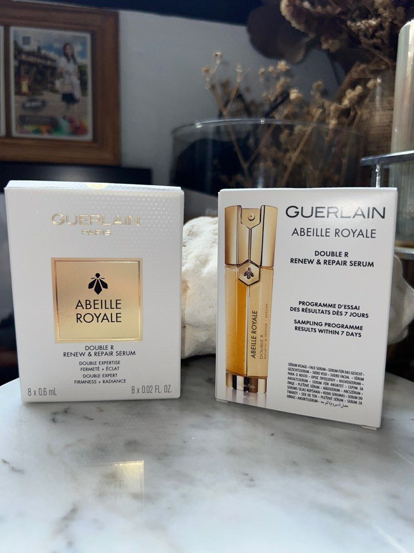 Guerlain Abeille Royale Double R Serum (8 x 0.6mL) – Authentic Mini Sample Set (Category: Face Care) located in Sorsogon. Submitted by leavingsoonsale (Listing ID 1375360960, Image 2). Description: 📦 4.8 mL x 2 = 9.6 mL total (That’s 16 mini vials total — 8 vials per box) ✨ This is a high-end skincare serum known for anti-aging, firming, and brightening. Experience luxury skincare with Guerlain Abeille Royale Double R Renew & Repair Serum – a po