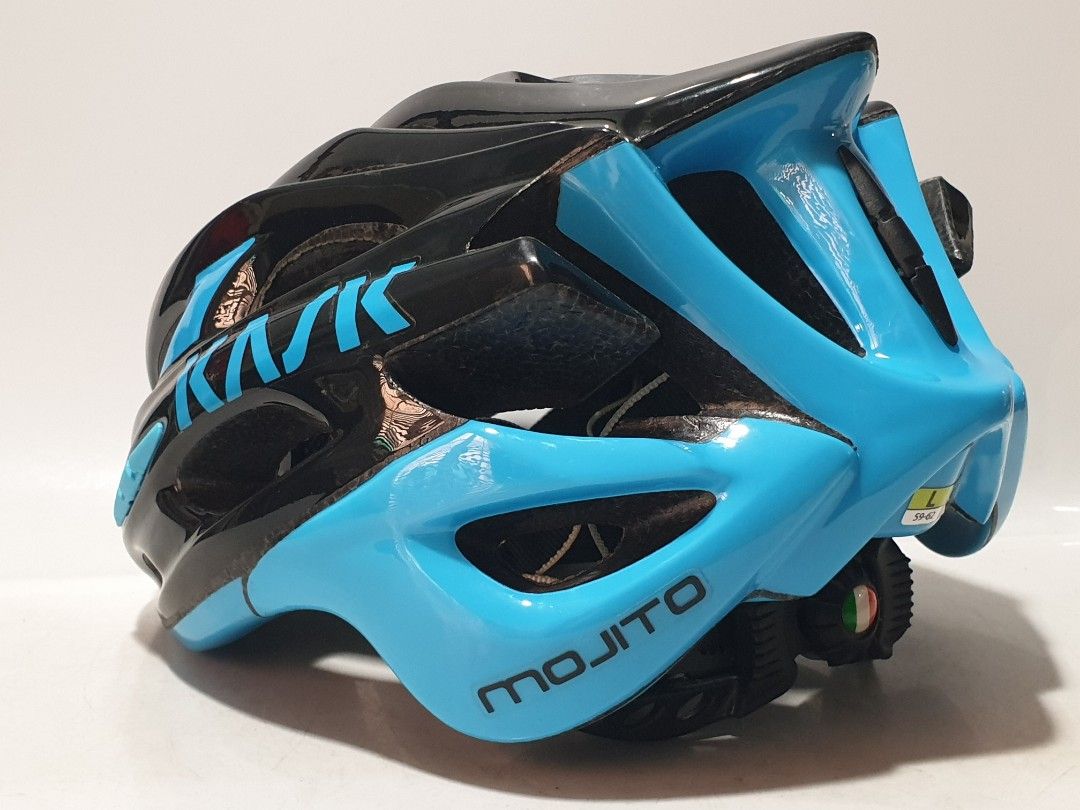 KASK Mojito Bike Helmet (Category: Bicycles) located in Las Pinas. Submitted by oldsthetics (Listing ID 1375456234, Image 2). Description: KASK Mojito Bike Helmet Slightly used condition Pads will need replacement that are available on orange app Size: L 59-62 Weight: 250g Italy Made 🇮🇹 Detailed realtime photos/video are available for a closer look ■Color: Black light blue ■26 air vents ■Uses KASK's unique "UP & DOWN SYSTEM" with two link mecha
