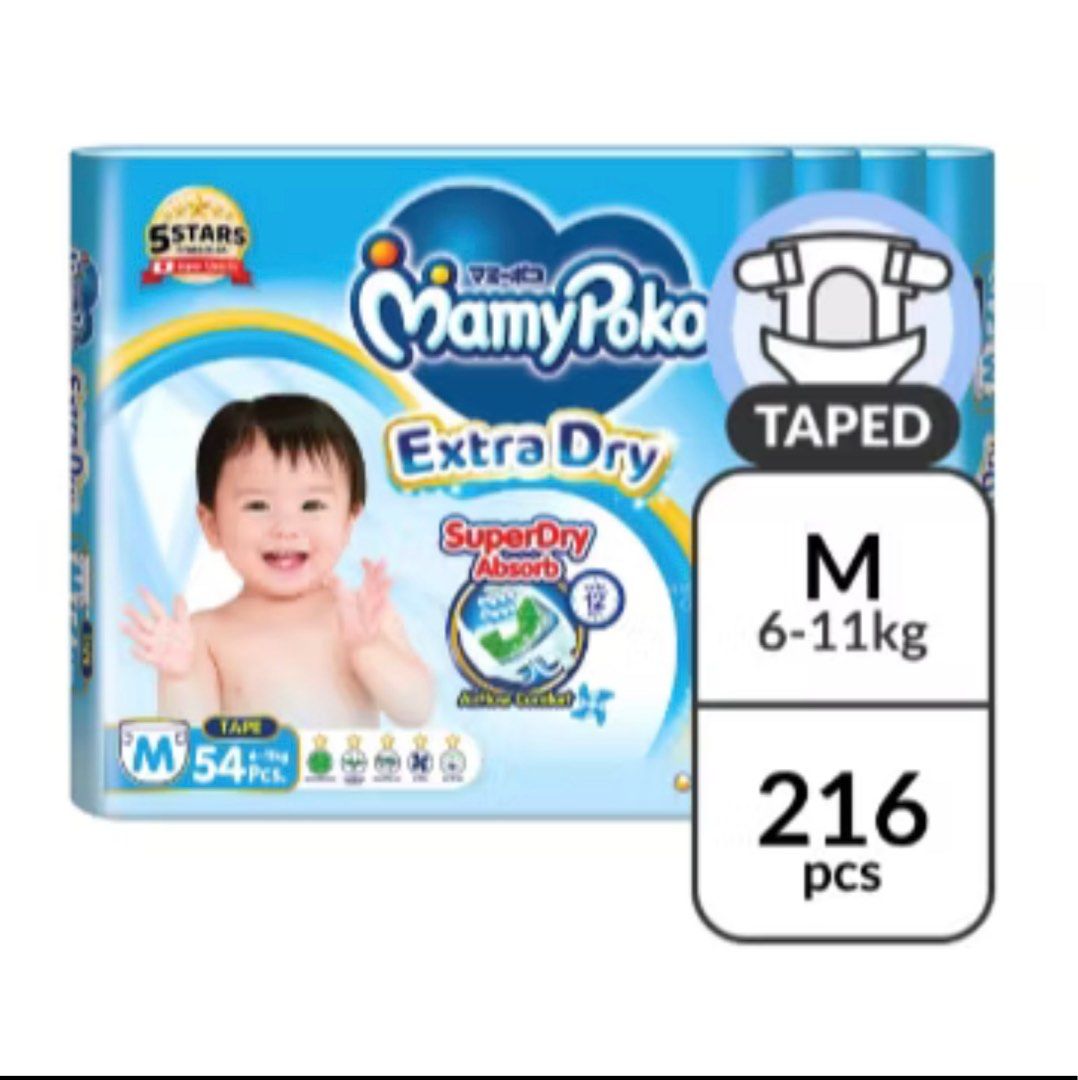 MamyPoko Extra Dry Diapers Size M (Category: Diapers & Baby Wipes) located in Singapore. Submitted by ttsjoker (Listing ID 1375415005, Image 1). Description: 🍼 MamyPoko Extra Dry Taped Diapers – Size M (6-11kg) – 215pcs – $55 Only! Opened the wrong size by mistake – letting go of this bulk pack of MamyPoko Extra Dry taped diapers at a great price! ✨ Details: • Size M (6–11kg) • Total: 215 pieces • 1 pack lightly opened (just 1 piece removed), 3 