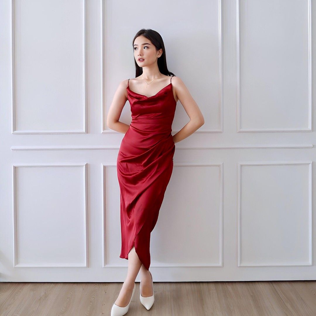 PARTY DRESS/DRESS MAROON/DRESS SATIN/DRESS SILK/NIGHT DRESS/DRESS  TALI/DRESS/LONGDRESS/MIDIDRESS/OVERALL DRESS/DRESS PESTA/DRESS PARTY/SEXY 