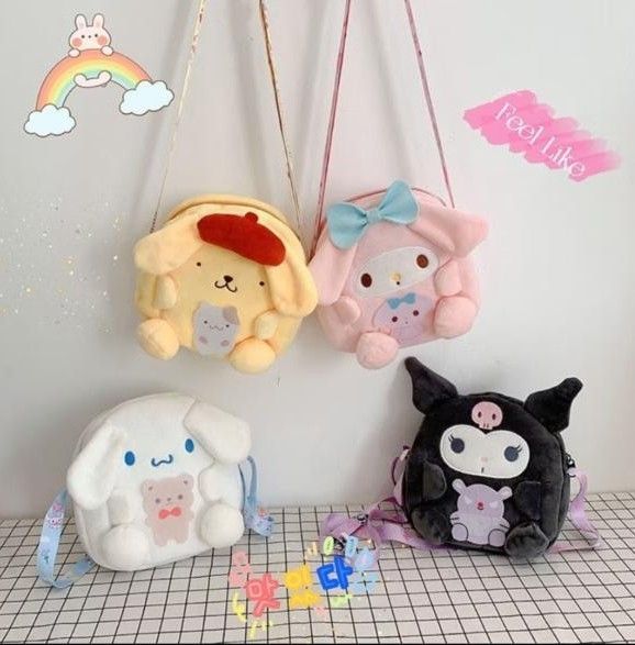 Sanrio Plush Crossbody Bag (Category: Cross-body Bags) located in Singapore. Submitted by gamer_boy (Listing ID 1375202672, Image 1). Description: Selling these brand new sanrio cartoon plush crossbody bags! Size: Approx 20 cm, 1 zipper. *Note: No ready stock, pre-order basis 1 week shipment. Let me know which design you want, order will process upon 50% deposit payment. - My Melody - Kuromi - Cinnamoroll - Pompompurin Meet up at Pasir Ris MRT st