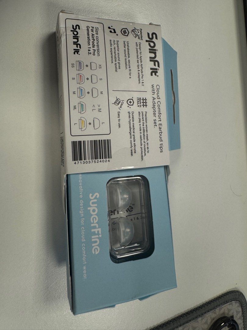 Spinfit superfine for airpods pro (Category: Earphones) located in Singapore. Submitted by yt3030 (Listing ID 1375337781, Image 2). Description: Bought from connect IT ($26), but found their M size is actually smaller compare to Original airpod pro M size. Tried once and found not really fit my ear. Item had been disinfected with alcohol wipe. Self collect at my block see location in listing..